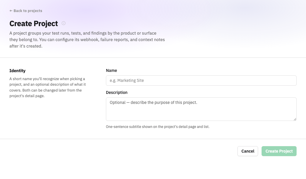 The Create Project form, showing the name and description fields.