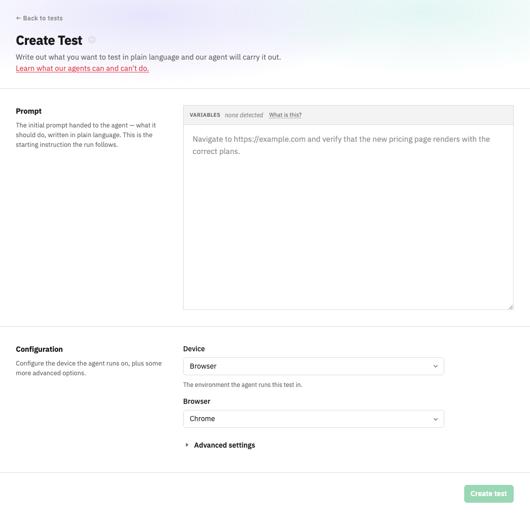 The Create Test form, with the plain-language prompt and the device and browser configuration.