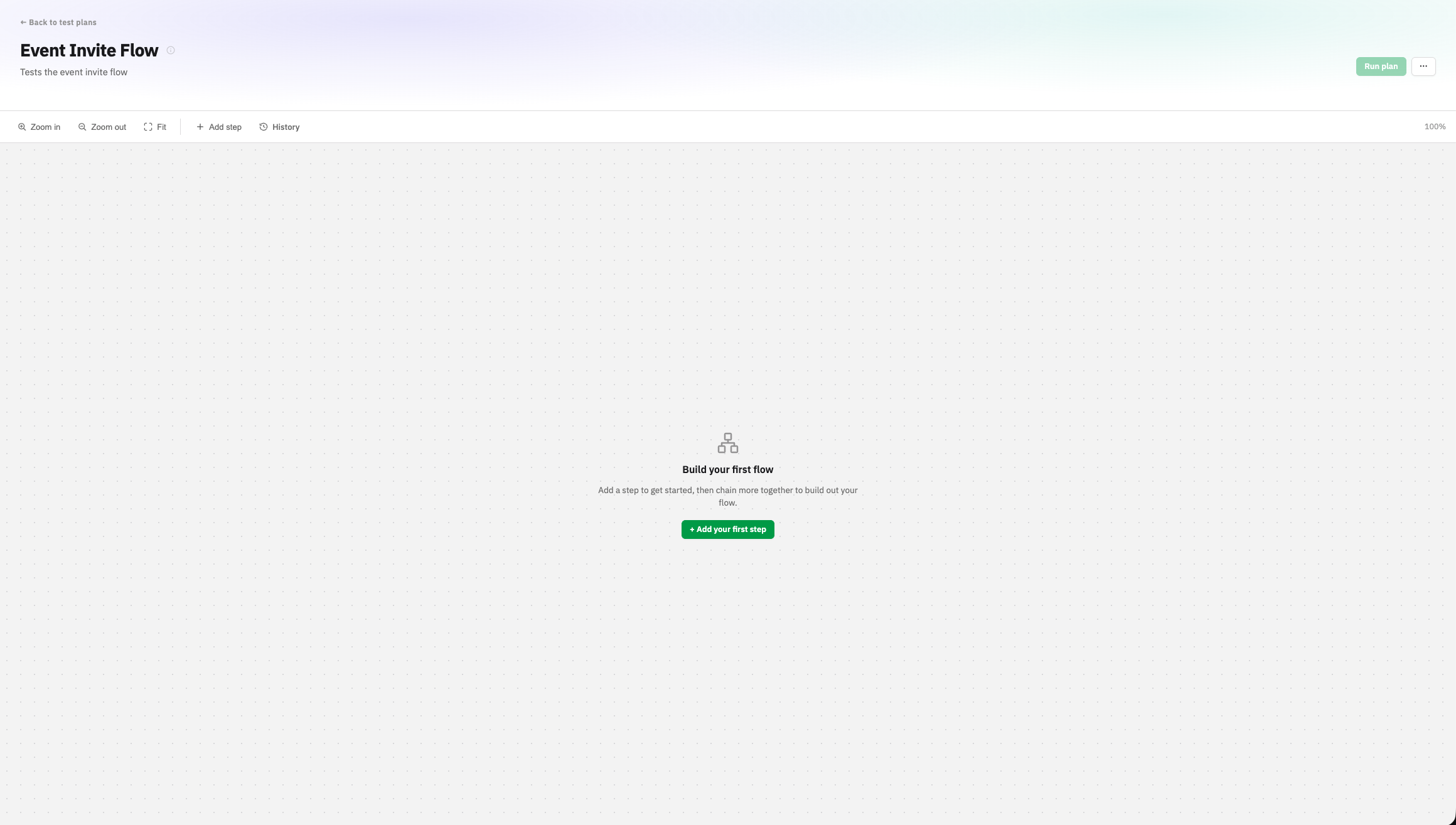 An empty test plan on the canvas, ready for its first step.