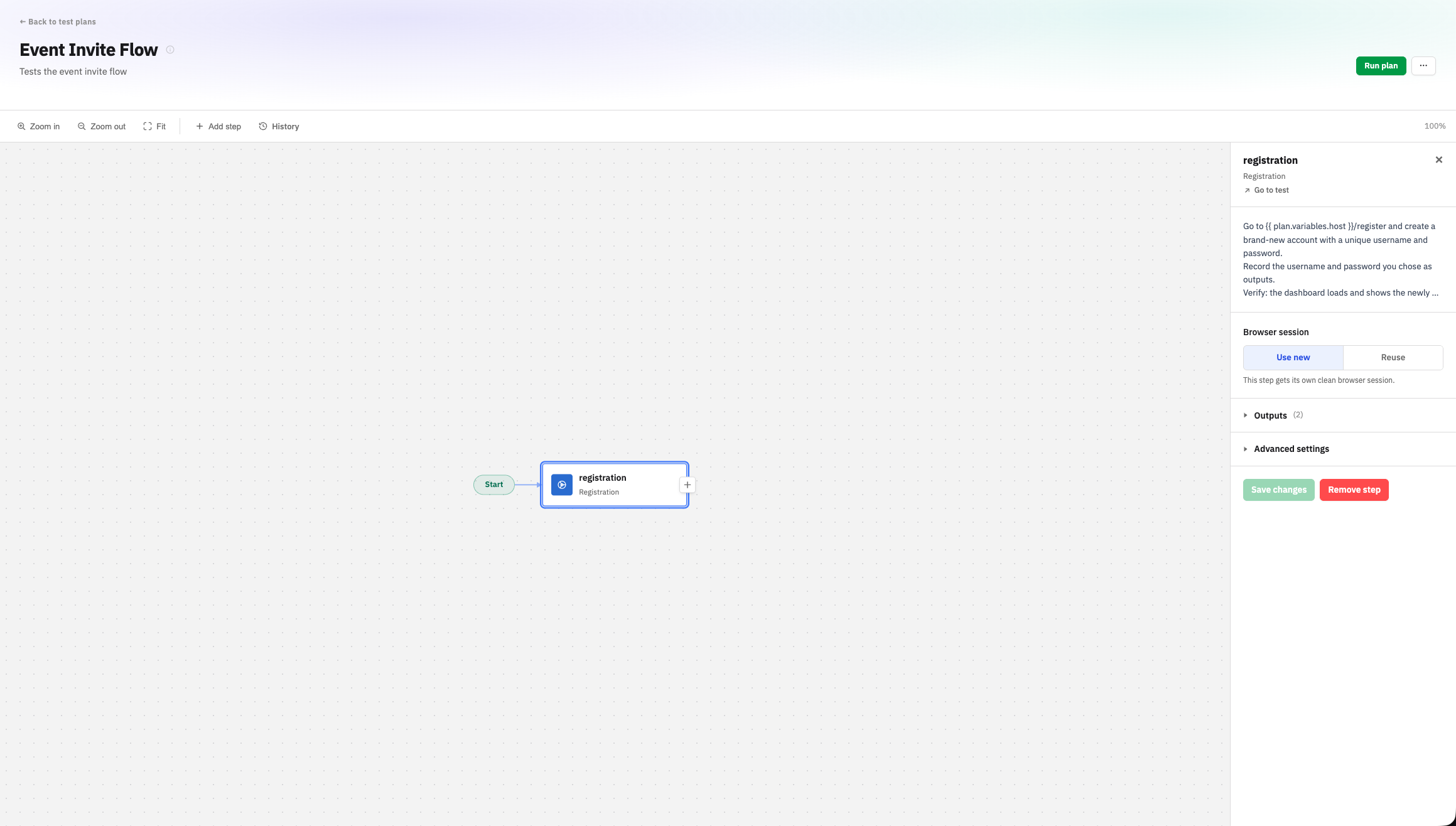 The Registration step wired from Start. Its panel shows the prompt referencing the host plan variable, the browser-session toggle, and the two declared outputs.