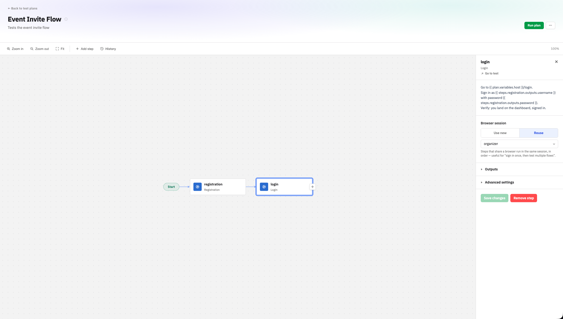 Login connected after Registration. The prompt injects the registration step's username and password outputs, and the browser session is set to reuse the organizer profile.