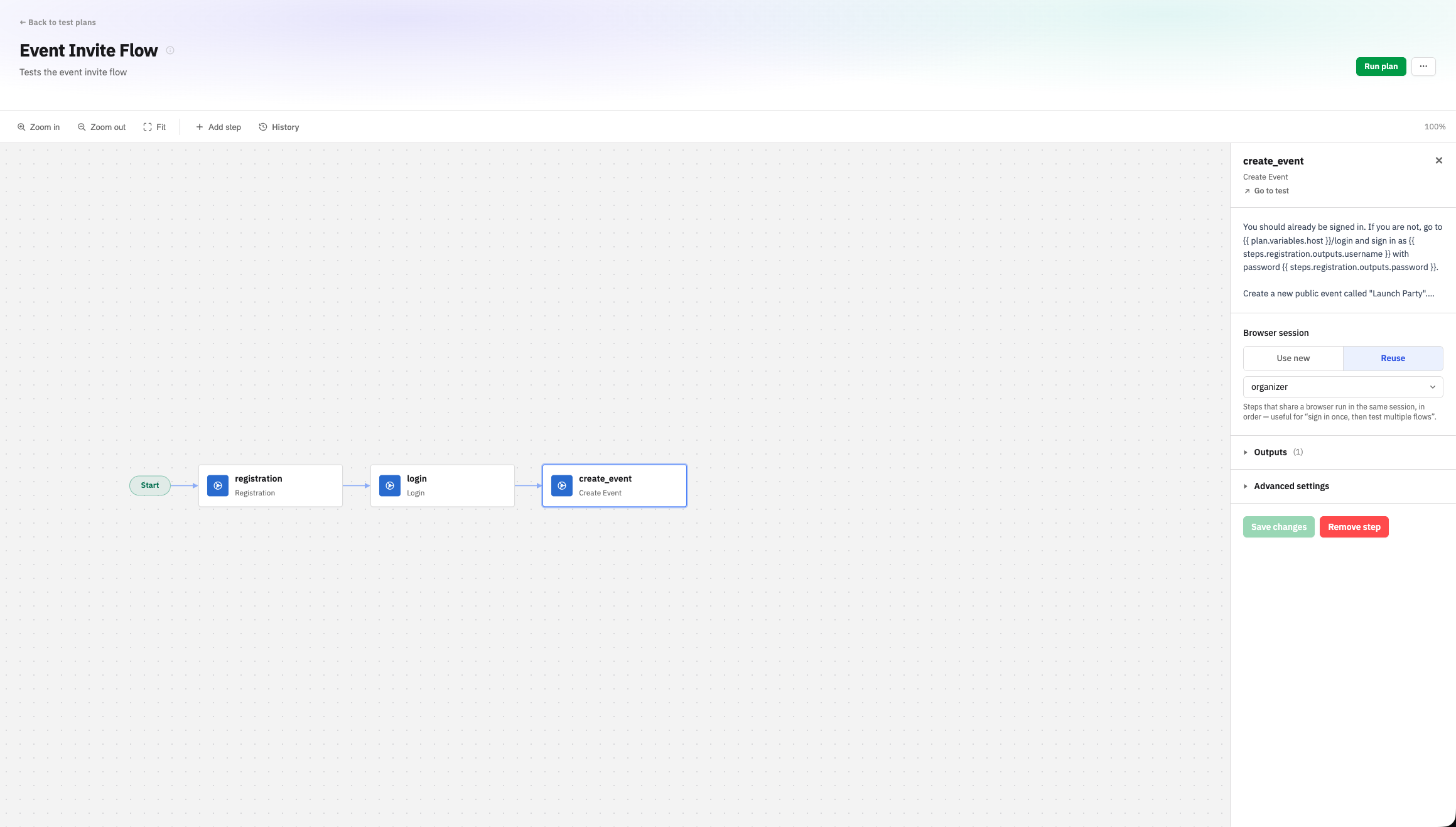 Create Event reusing the organizer session. The prompt opens with a login fallback, and the step declares an invite_url output for the guest to consume.