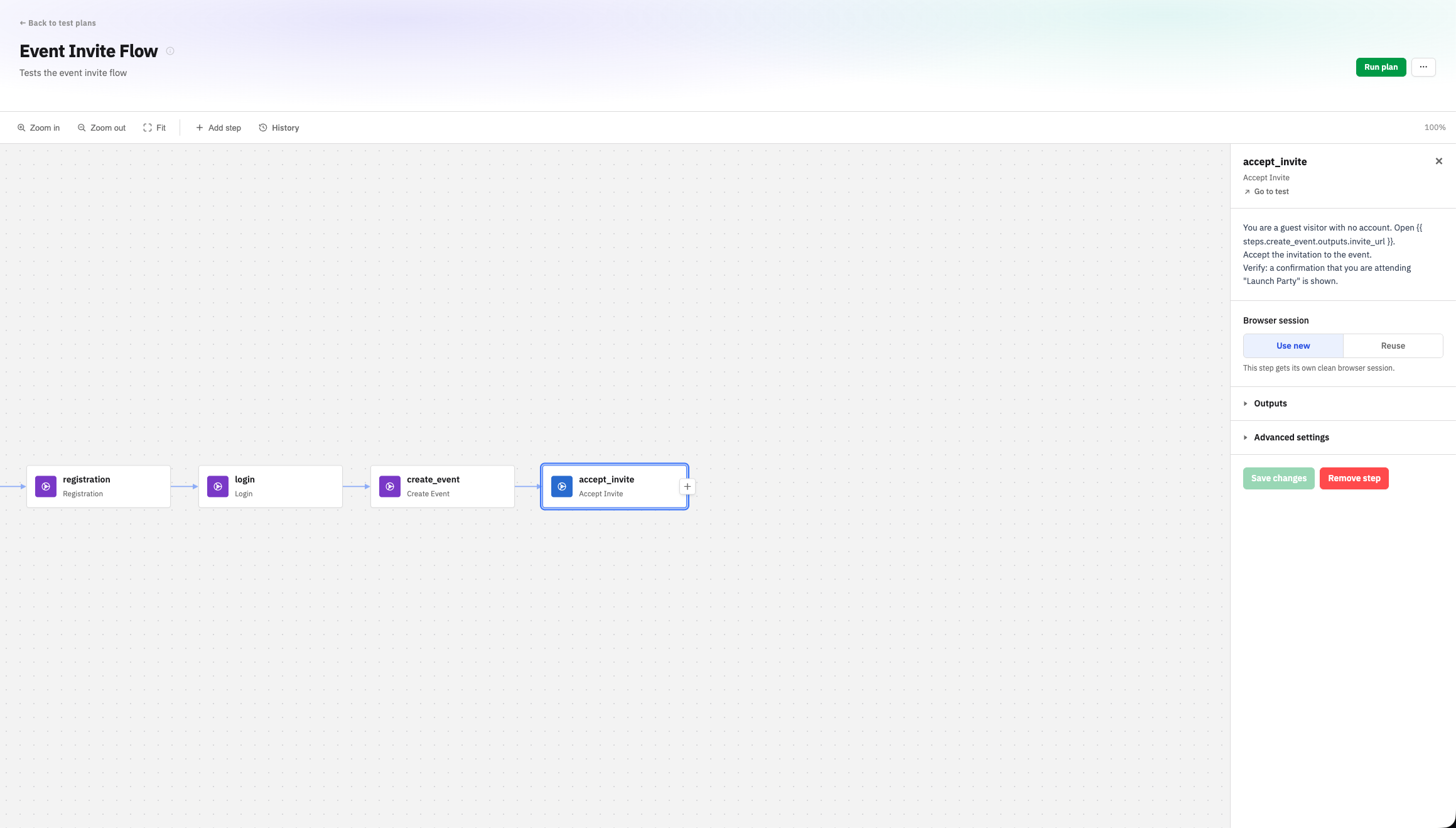 Accept Invite on its own guest profile. The canvas colours it differently from the organizer steps, and its panel shows a fresh browser session, a clean client with no logged-in identity.