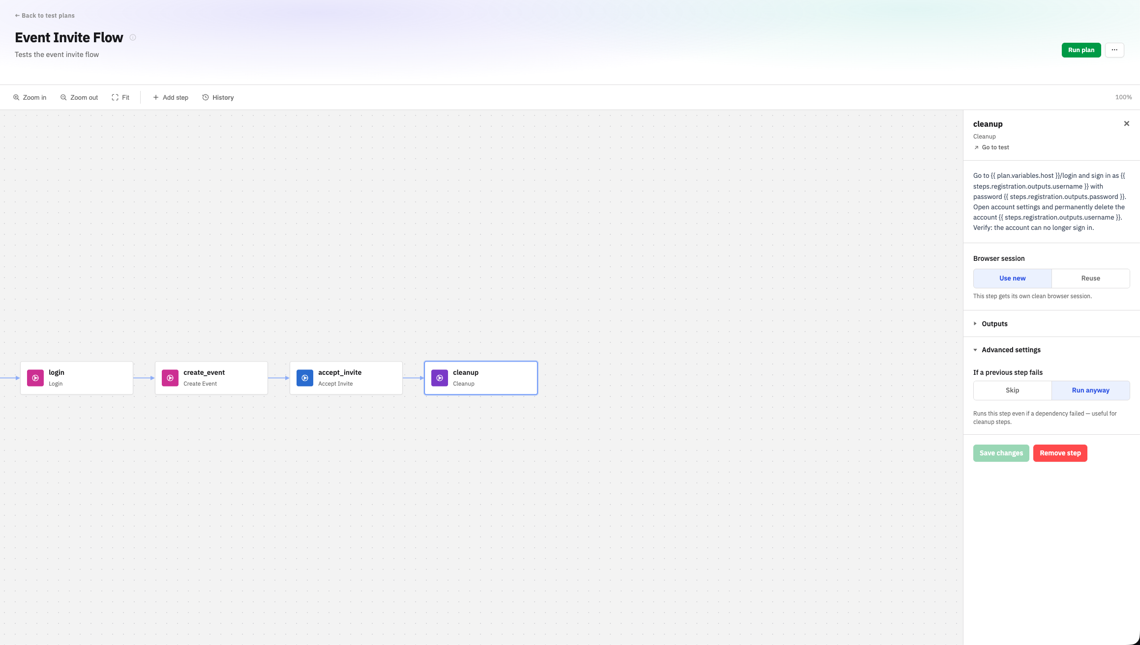 The finished five-step plan. Cleanup is selected, showing the "If a previous step fails" control set to Run anyway so the account is always deleted.